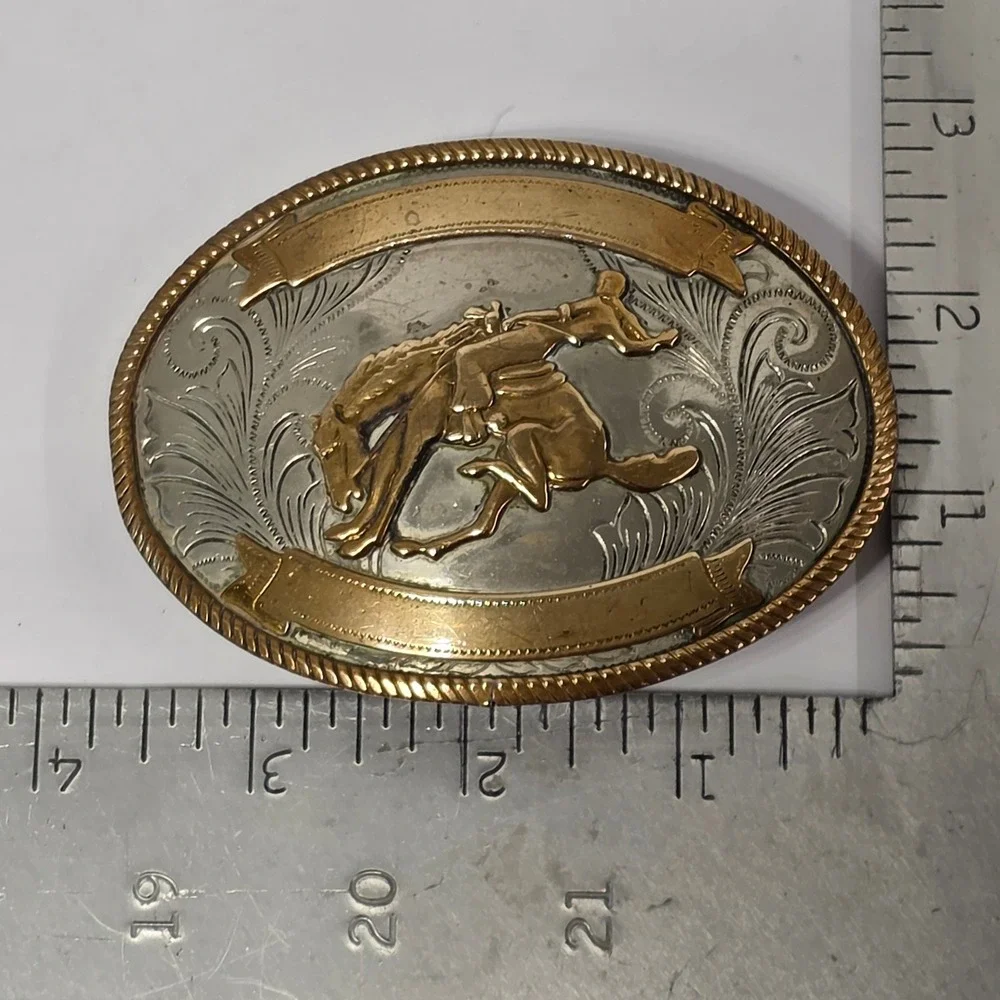 Vintage Nickel Silver Two Tone Rodeo Bucking Bronco Oval Belt Buckle Western